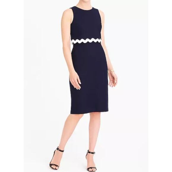J Crew Sheath Dress Size 8 Blue White Rickrack Trim Linen Blend Classic Preppy - Picture 1 of 13
